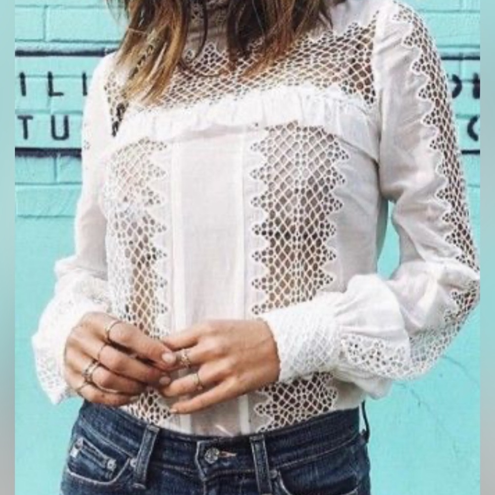 Self-Portrait White Crochet Lace Long-Sleeve Blouse